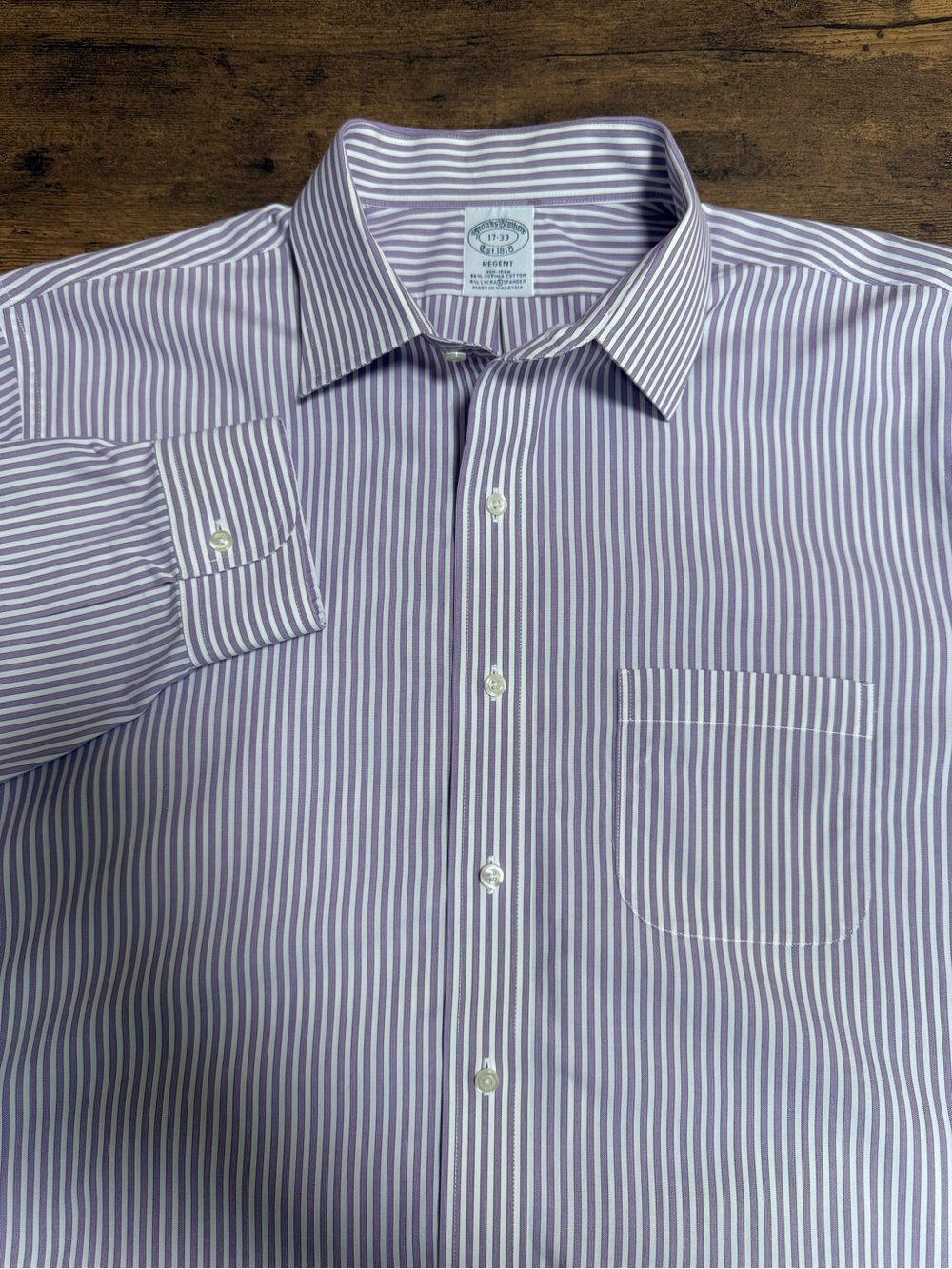 Brooks Brothers Regent Men’s 17-33 Purple/White Stripe Cotton Blend Dress Shirt